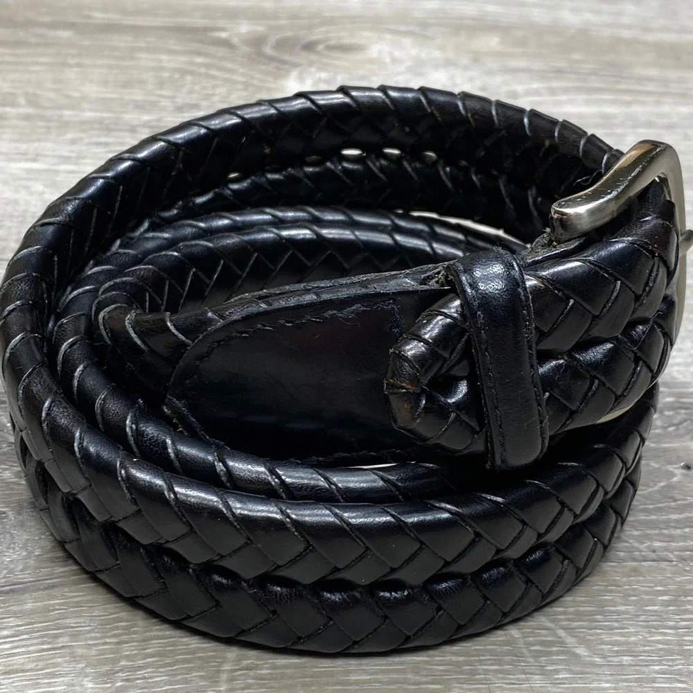 Brooks Brothers Braided Belt Mens 32 Black Genuine Leather Woven Casual Classic